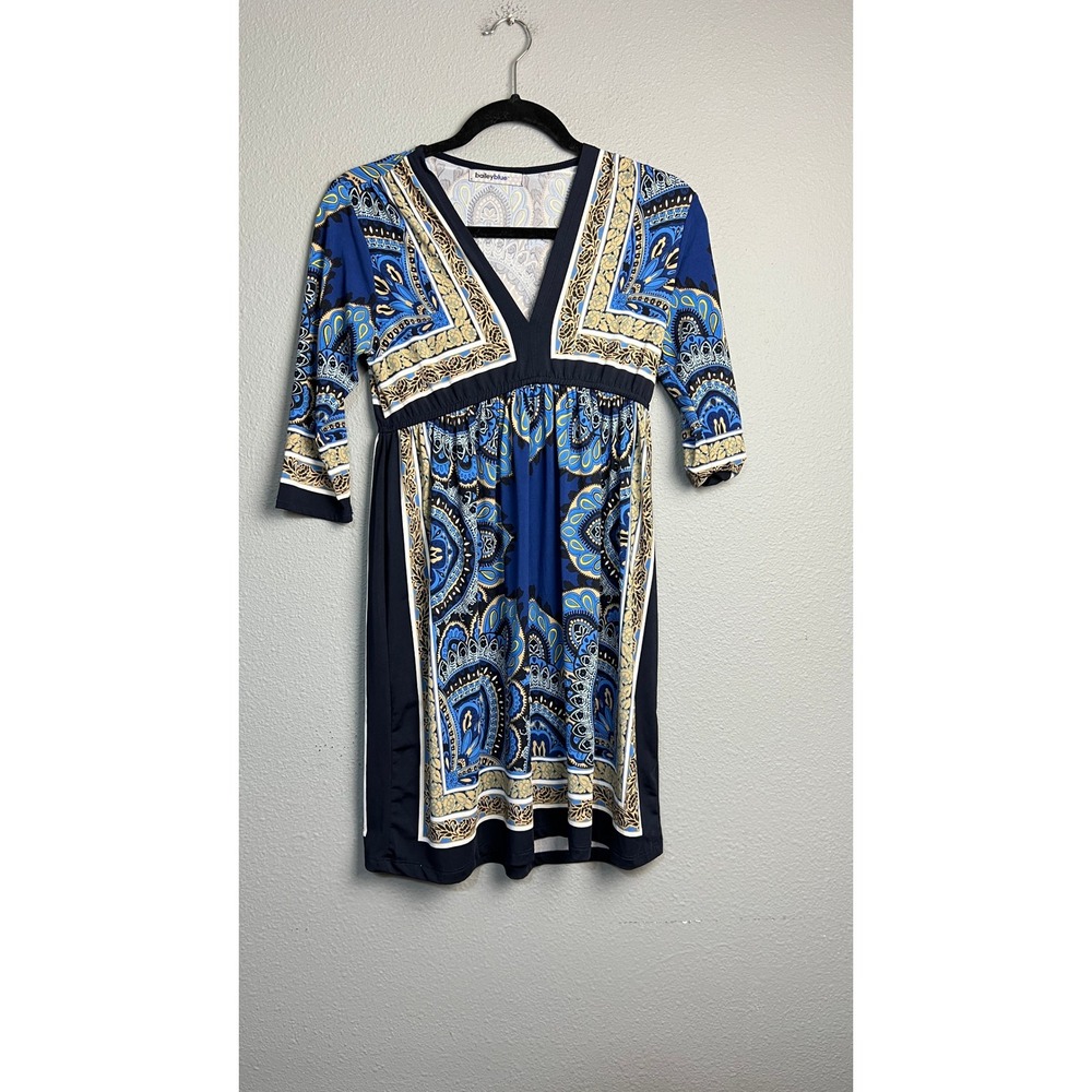 Bailey Blue Paisley Medallion Empire Waist‎ V-Neck Dress Blue Gold 3/4 Sleeve S
